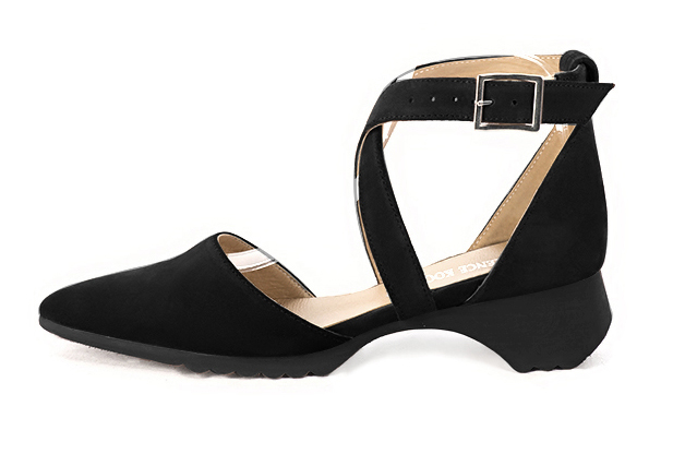 Matt black women's open side shoes, with crossed straps.. Profile view - Florence KOOIJMAN